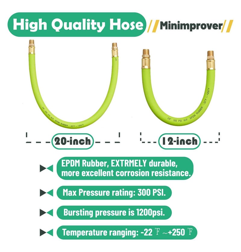 Minimprover 3/8" x 12 Inch Heavy Duty Short Air Compressor EPDM Rubber Hose 300 PSI: 1/4" Male NPT to 1/4" Male NPT Connections With Quick Coupler Brass Fitting - Image 3